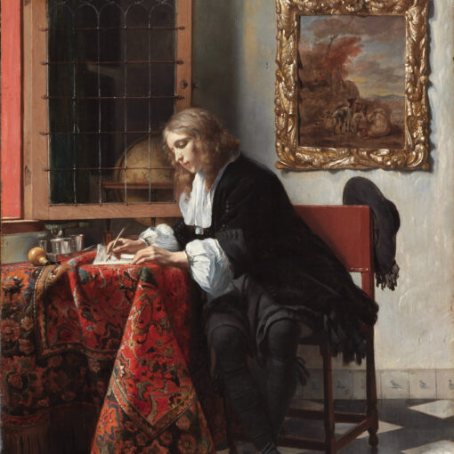 Das Gemälde von Gabriel Metsu zeigt einen Mann, der an einem Tisch sitzend einen Brief schreibt. Das Bild von 1665 befindet sich heute in der National Gallery of Ireland.