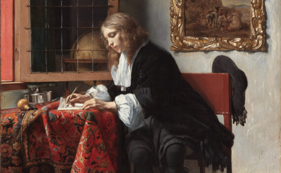 Das Gemälde von Gabriel Metsu zeigt einen Mann, der an einem Tisch sitzend einen Brief schreibt. Das Bild von 1665 befindet sich heute in der National Gallery of Ireland.