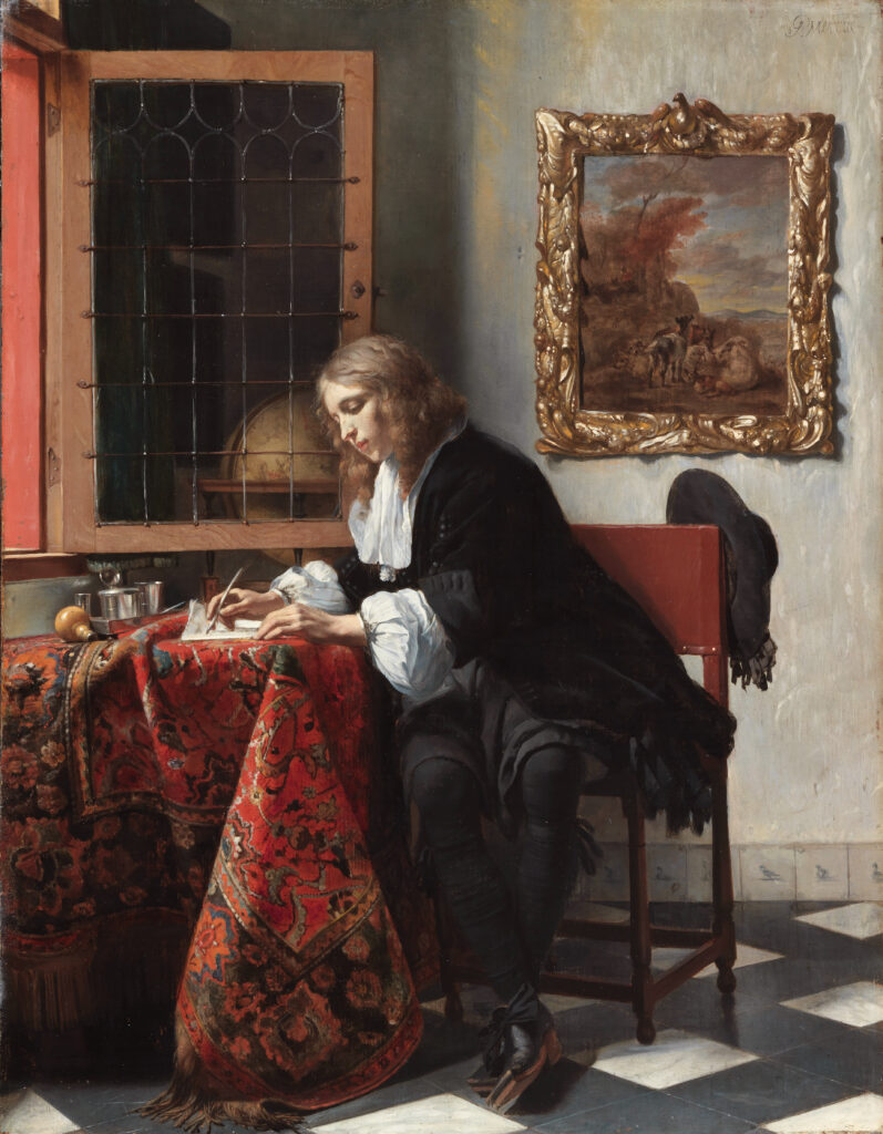 Das Gemälde von Gabriel Metsu zeigt einen Mann, der an einem Tisch sitzend einen Brief schreibt. Das Bild von 1665 befindet sich heute in der National Gallery of Ireland.