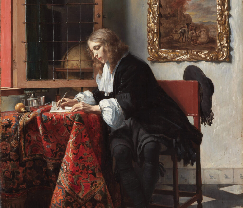 Das Gemälde von Gabriel Metsu zeigt einen Mann, der an einem Tisch sitzend einen Brief schreibt. Das Bild von 1665 befindet sich heute in der National Gallery of Ireland.