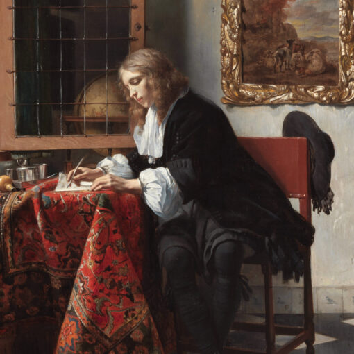 Das Gemälde von Gabriel Metsu zeigt einen Mann, der an einem Tisch sitzend einen Brief schreibt. Das Bild von 1665 befindet sich heute in der National Gallery of Ireland.