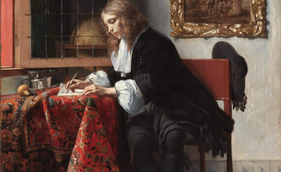 Das Gemälde von Gabriel Metsu zeigt einen Mann, der an einem Tisch sitzend einen Brief schreibt. Das Bild von 1665 befindet sich heute in der National Gallery of Ireland.